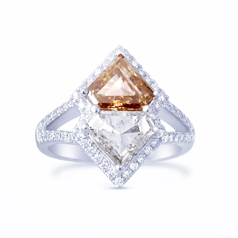 women’s rose gold wedding rings-Double Shield Angular Ring In Fancy Cognac & White Diamond