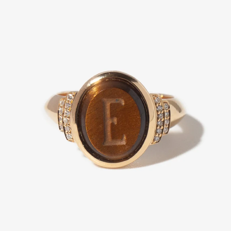 women’s rare gemstone rings-Tiger's Eye Intaglio Initial Signet Ring