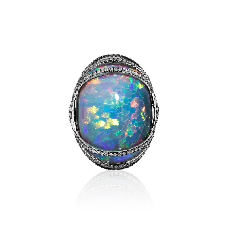 women’s designer rings-One of a Kind Black Opal with Wrapped Diamond Setting Ring