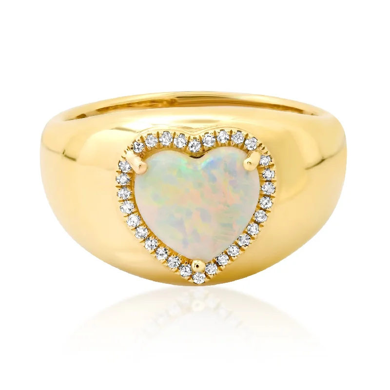 women’s gemstone wedding rings-Domed Diamond & Opal Heart Ring