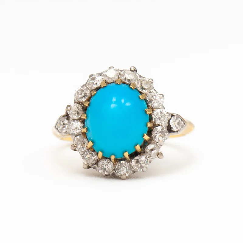 women’s pearl rings-Turquoise Cabochon Cluster Ring c. 1900