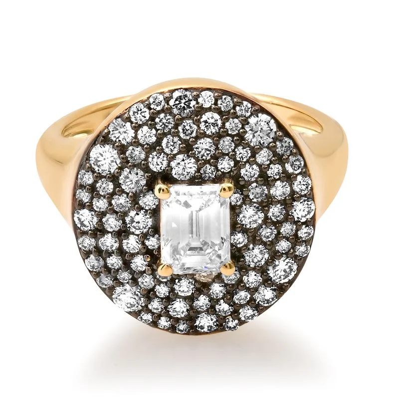 women’s floral rings-Emerald Cut & Bubble Mosaic Scattered Diamond Signet Ring