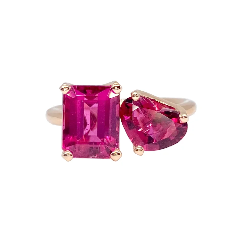 women’s fashion rings-Bold 2-Stone Ring with Rubellite Tourmaline Emerald Cut & Heart