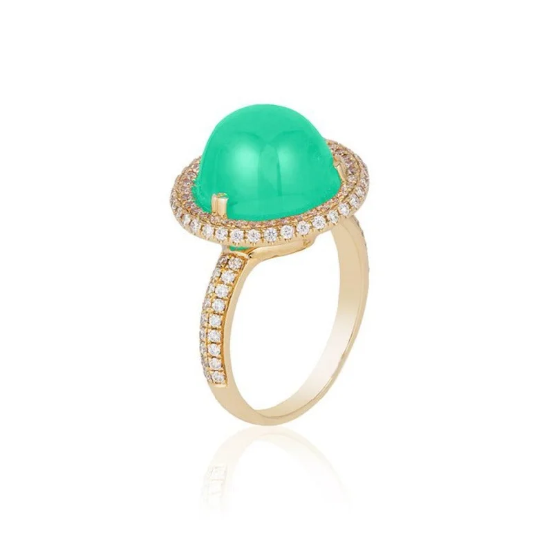 women’s fine rings-One of a Kind Round Chrysoprase Ring with Diamonds