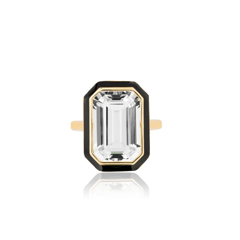 women’s gold wedding bands-Queen Emerald Cut with Enamel Frame Ring