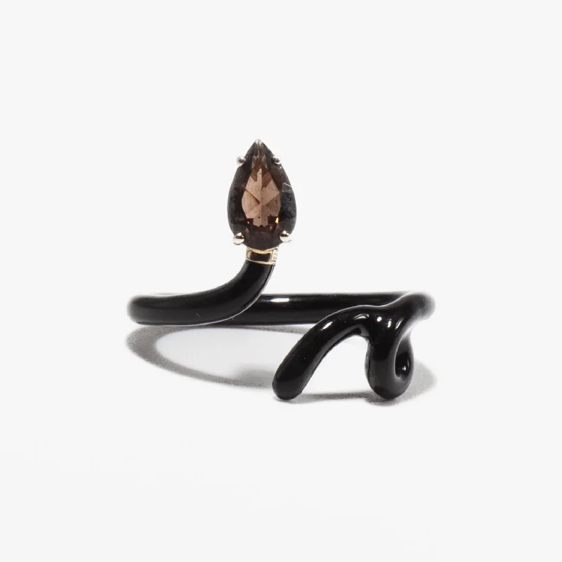 women’s vintage gold rings-Smokey Quartz Pear & Black Enamel Baby Vine Tendril Ring