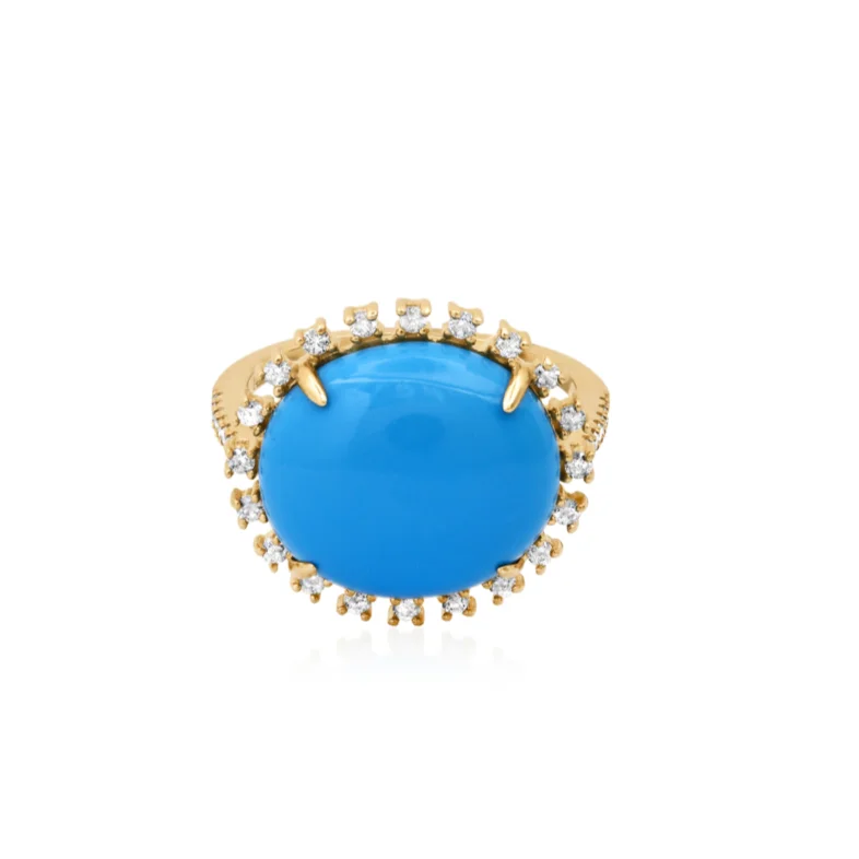 women’s large rings-Turquoise Lover Cabochon & Diamond Frame Ring