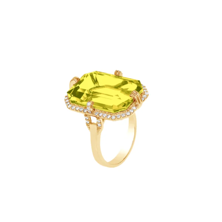 women’s fancy rings-Gossip Lemon Quartz Emerald Cut Ring with Diamonds