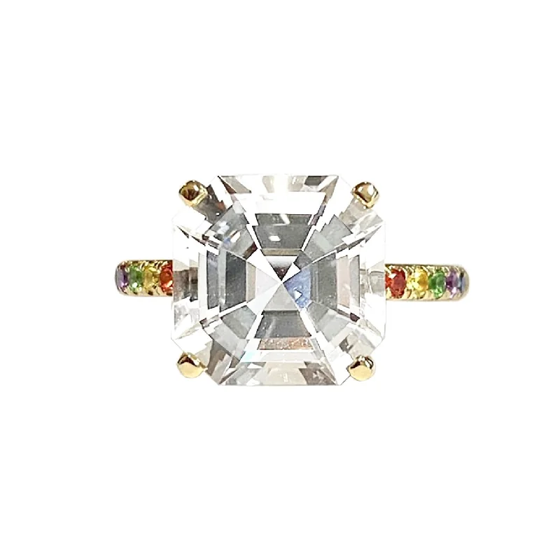 custom design rings for women-Cirque Asscher Solitaire Pavé Band Ring with White Topaz & Rainbow Pavé