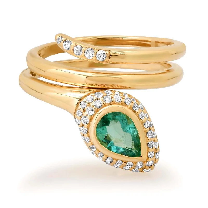 platinum rings for women-Sweet Emerald & Diamond Snake Wrap Ring