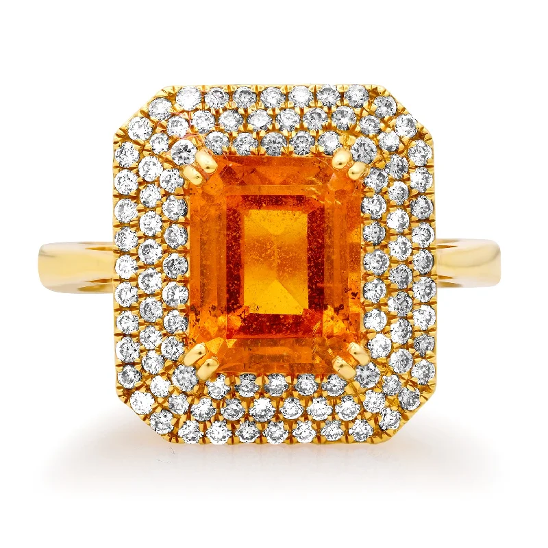 women’s fine rings-Emerald Cut Orange Garnet with Diamond Border Ring