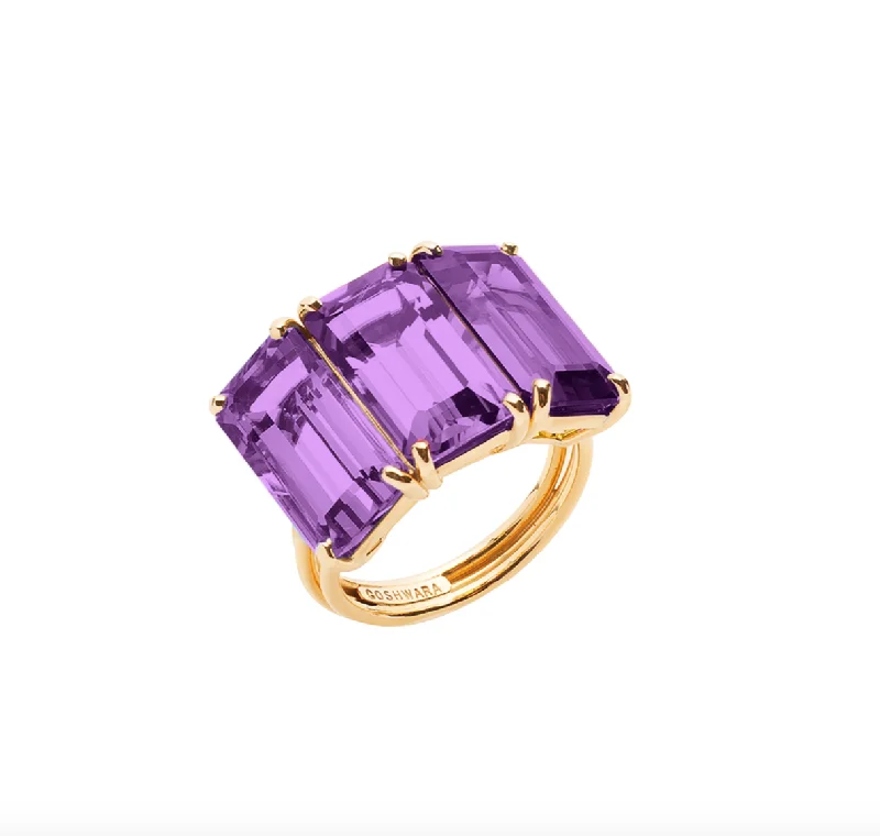 women’s simple engagement rings-Gossip Three Stone Emerald Cut Amethyst Ring