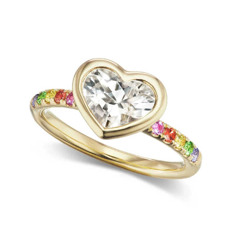 affordable rings for women-Bezel Set White Topaz Heart on Rainbow Sapphire Band Ring