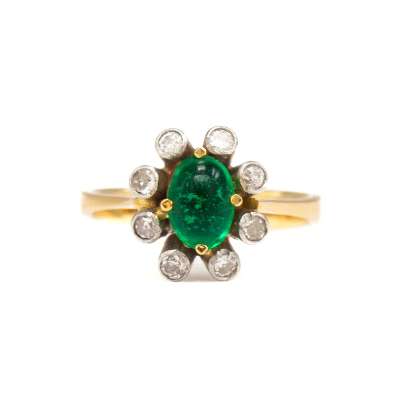 women’s adjustable rings-Retro Emerald Cabochon & Diamond Cluster Ring