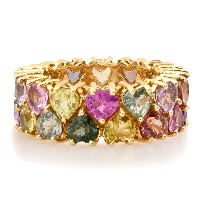 women’s colorful rings-Pastel Sapphire Shades of Shimmer Stacked Hearts Eternity Band Ring