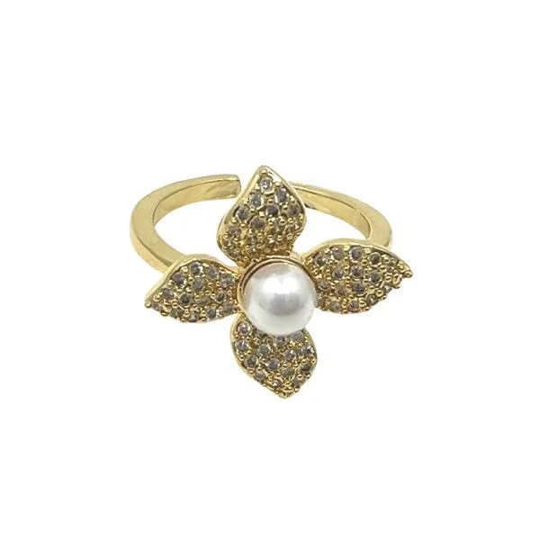 women’s solitaire rings-Adjustable Ring: CZ Flower & Pearl (RG453)