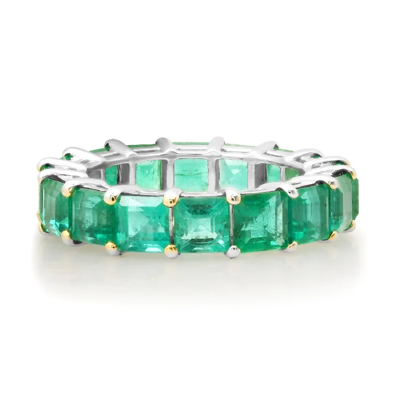 women’s pearl rings-Green Queen Emerald Cut Emerald Eternity Band Ring