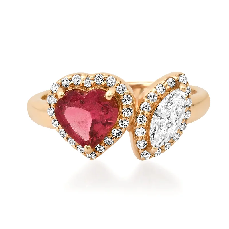 women’s designer gold rings-Ruby Heart & Diamond Marquise Toi et Moi Ring