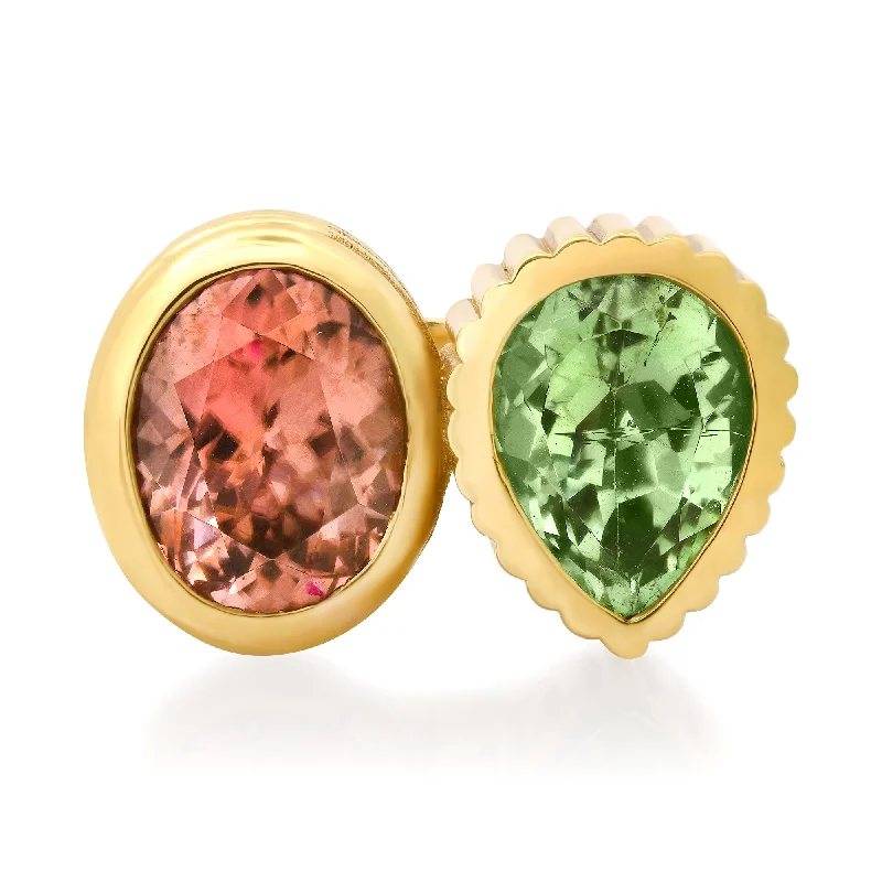 women’s trendy engagement rings-One of a Kind Toi & Moi Party Time Zircon & Green Tourmaline Ring