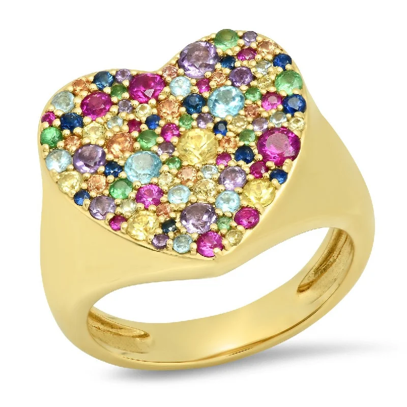 women’s minimalistic rings-Pave Rainbow Gemstone Heart Signet Ring