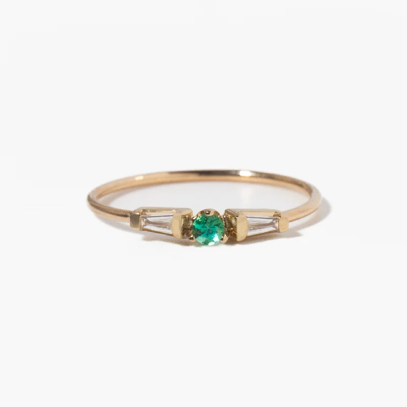 custom design rings for women-Emerald & Tapered Baguette Diamond Three-Stone Ring