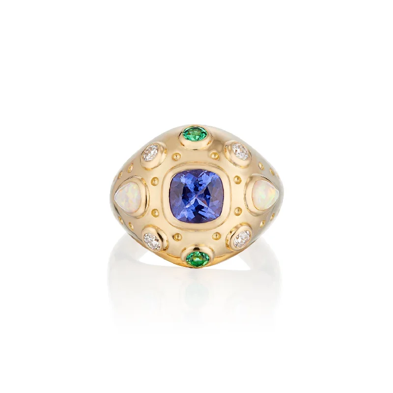 women’s white diamond rings-Aster Dome Ring with Tanzanite, Diamonds, Emeralds and Opal Gemstones