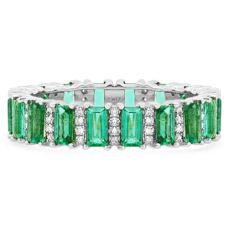 women’s fancy rings-Emerald Cut Emeralds with Diamond Accents Eternity Band Ring