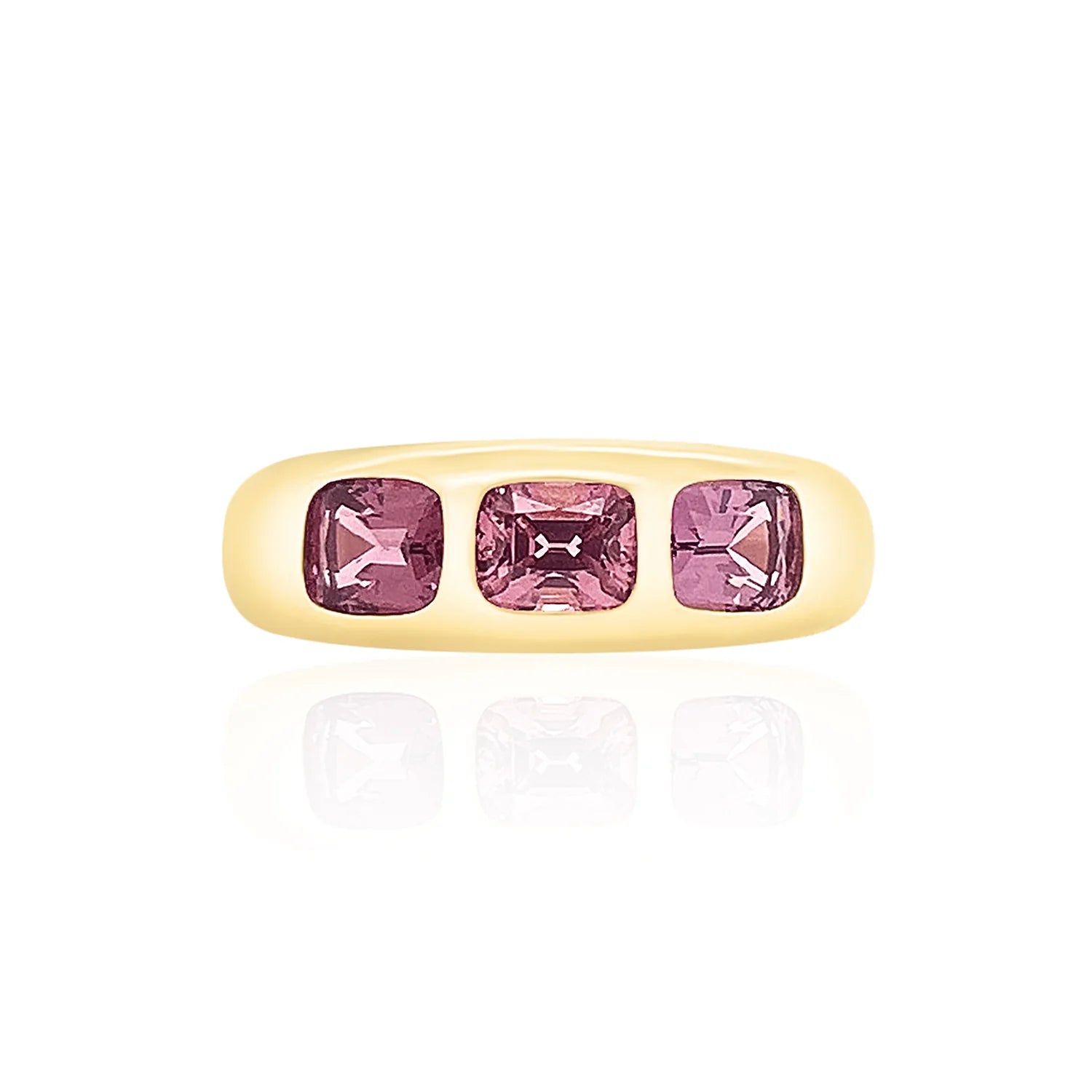 rose gold rings for women-Three Stone Cushion Cut Spinel Ring