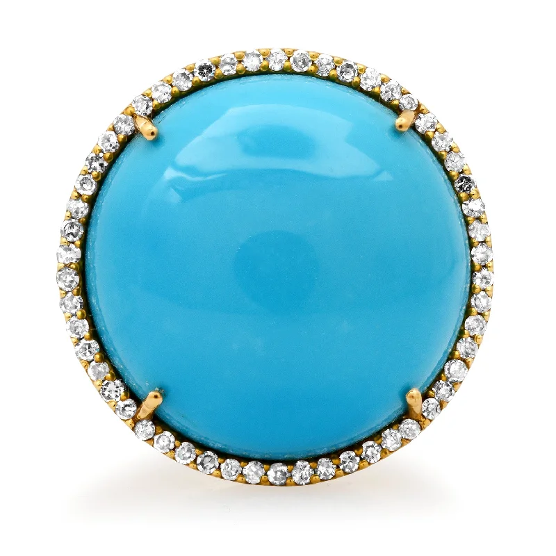 affordable rings for women-Medium Round Turquoise with Diamond Border Ring