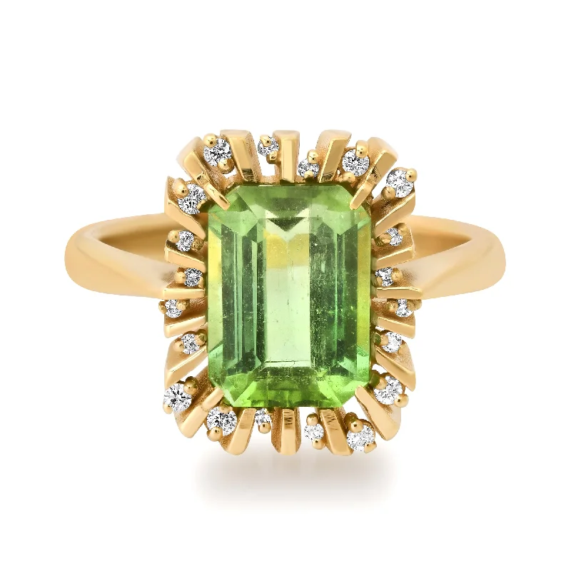 women’s custom diamond rings-One of a Kind Divine Green Tourmaline & Diamond Halo Ring