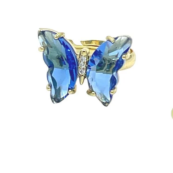 rose gold rings for women-Adjustable Glass Butterfly Ring: Blue (RG5BFLYBL)