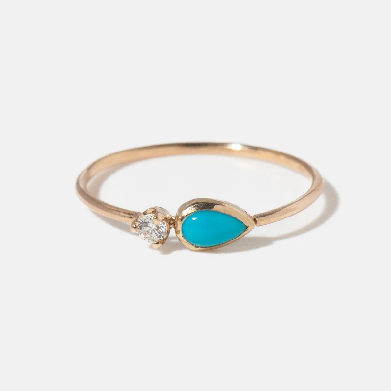 women’s 14k gold rings-Bezel Teardrop Turquoise and Prong Diamond Ring