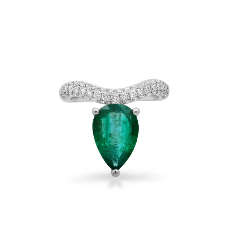 women’s floral rings-One of a Kind Large Fancy Pear Shape Emerald & Diamond Wave Ring