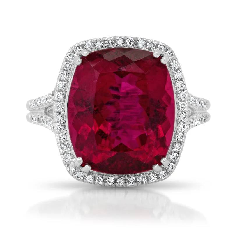 women’s fine gold rings-One of a Kind Cushion Cut Rubellite Ring with Diamond Halo