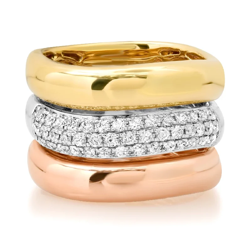 women’s trendy rings-Trois Tiers Mixed Metal Gold & Diamond Stacking Ring