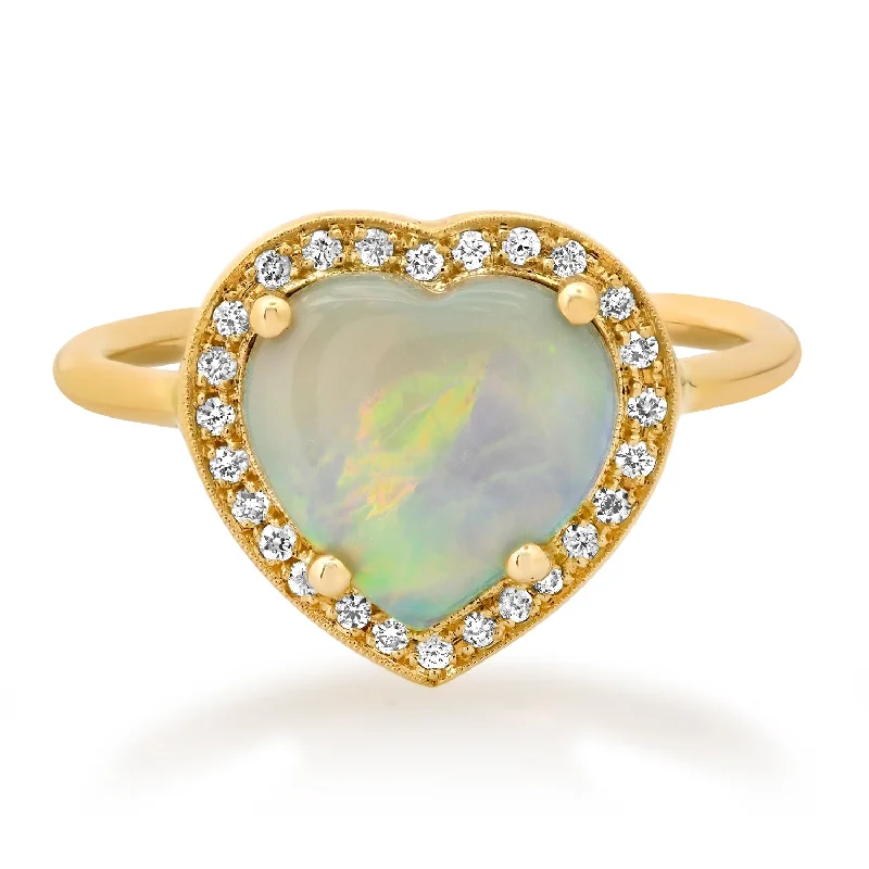 women’s large rings-Diamond Halo Opal Heart Ring