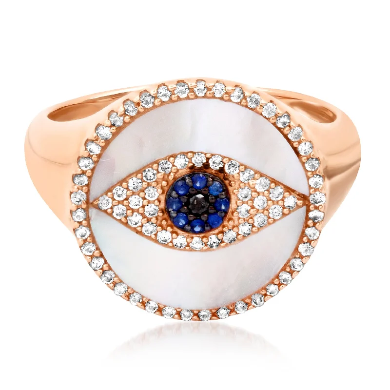 women’s bridal rings-Protected Evil Eye Sapphire & Diamond Signet Ring