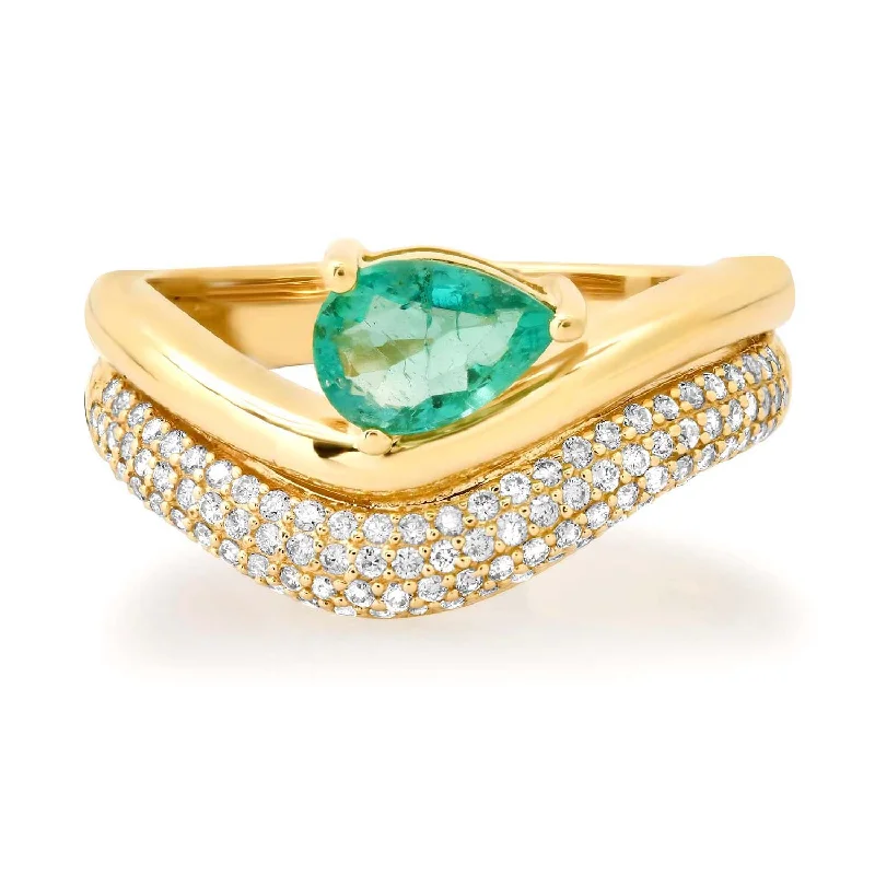 women’s emerald rings-Wavy Diamond & Pear Shaped Emerald Ring