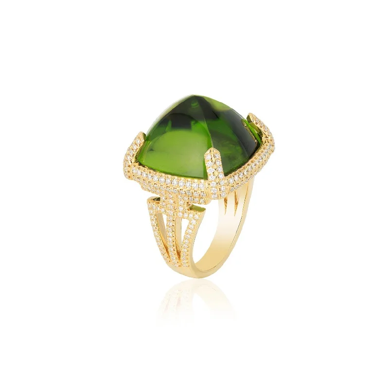 women’s unique rings-One of A Kind Rock N Roll Pyramid Peridot Ring with Diamond Setting