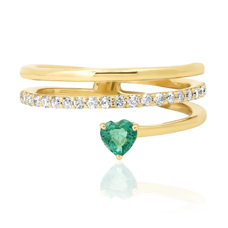 women’s trendy rings-Diamond Swirl Ring with Emerald Heart