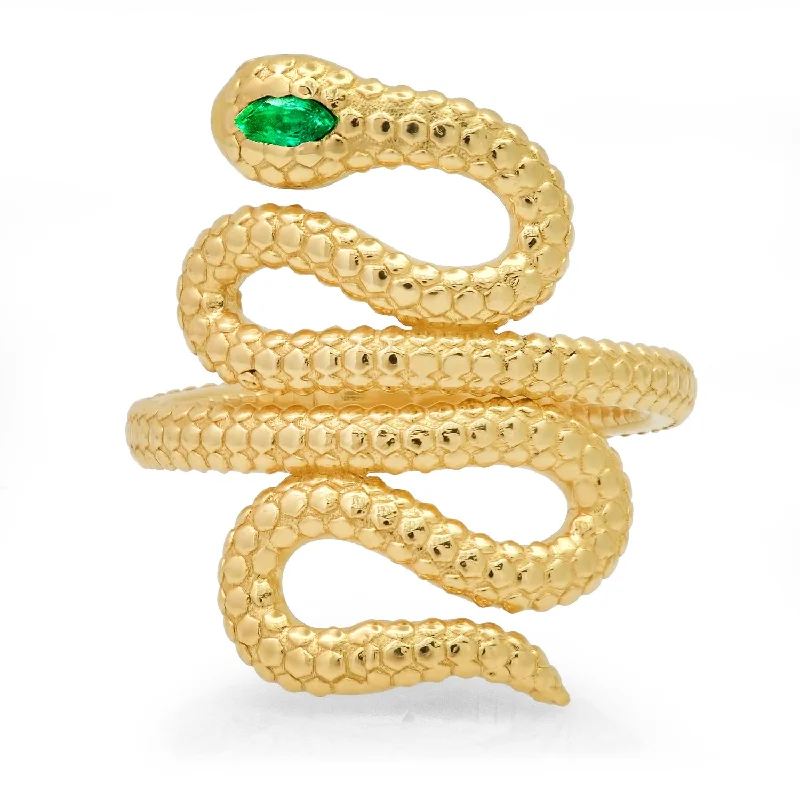 women’s vintage rings-Textured Snake Ring with Emerald Marquis Eye