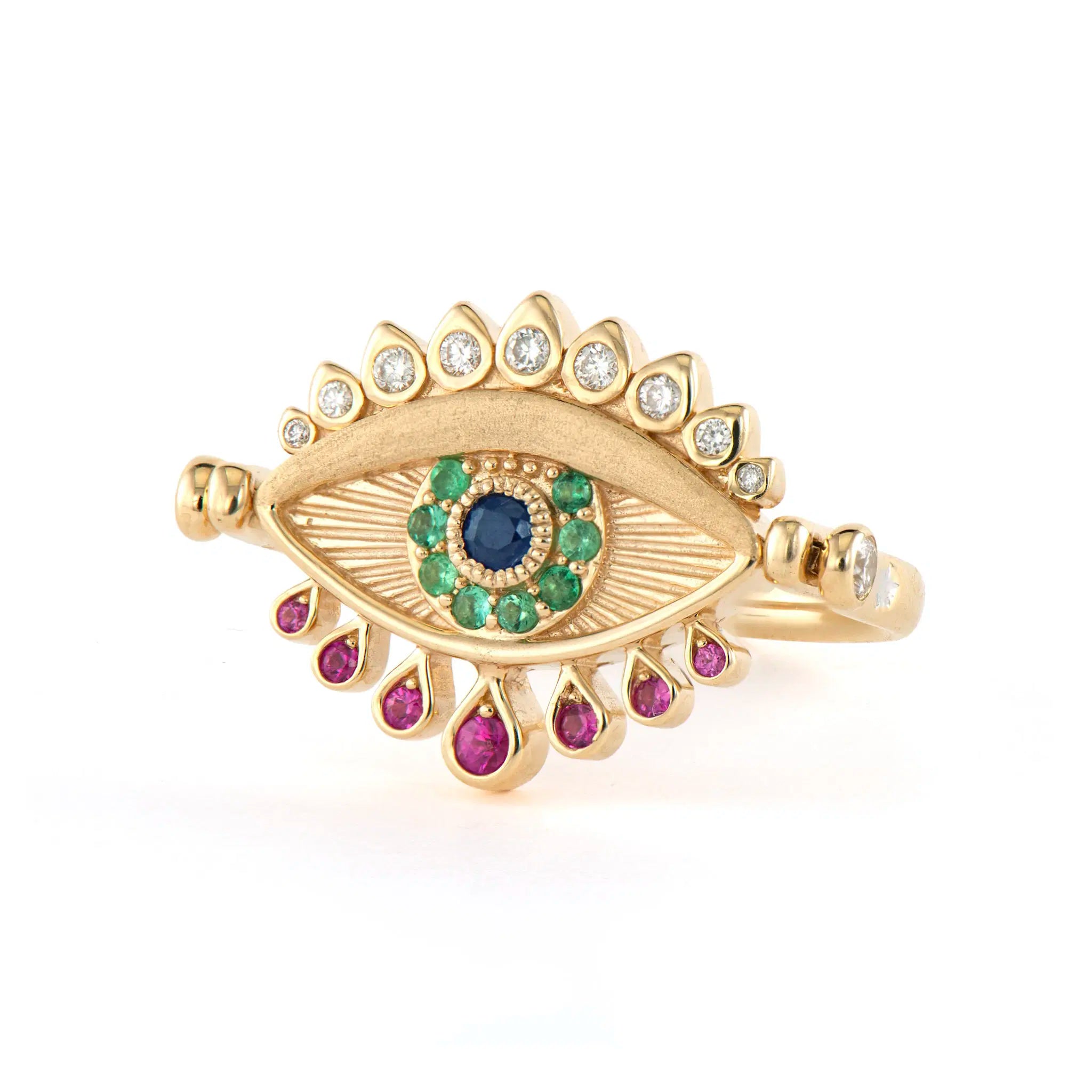 women’s dainty rings-Bejeweled Evil Eye Turquoise & Emerald Flip Ring