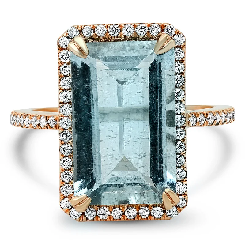 women’s gemstone wedding rings-Emerald Cut Aquamarine with Diamond Halo Statement Ring