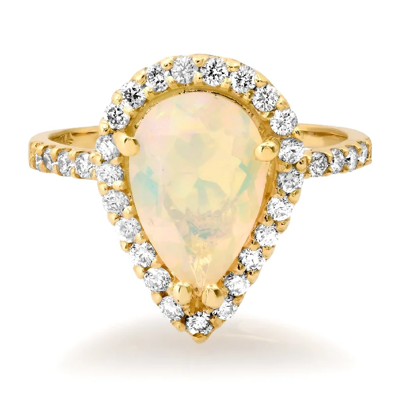 women’s 14k gold rings-Glowing Pear Shaped Opal & Diamond Statement Ring