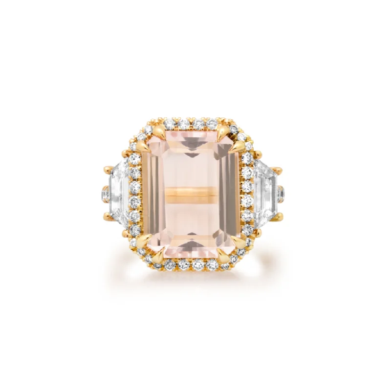 women’s stackable engagement rings-One of a Kind Three Stone Morganite & Diamond Ring